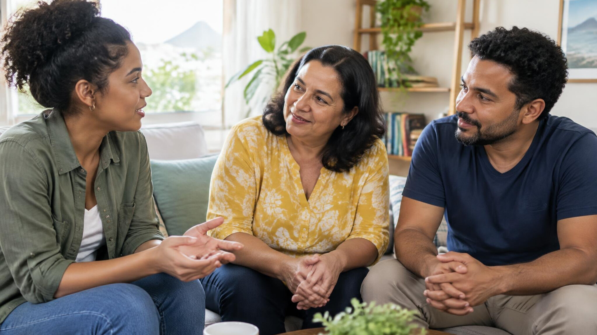 Small group of Brazilian people talking warmly in a bright room