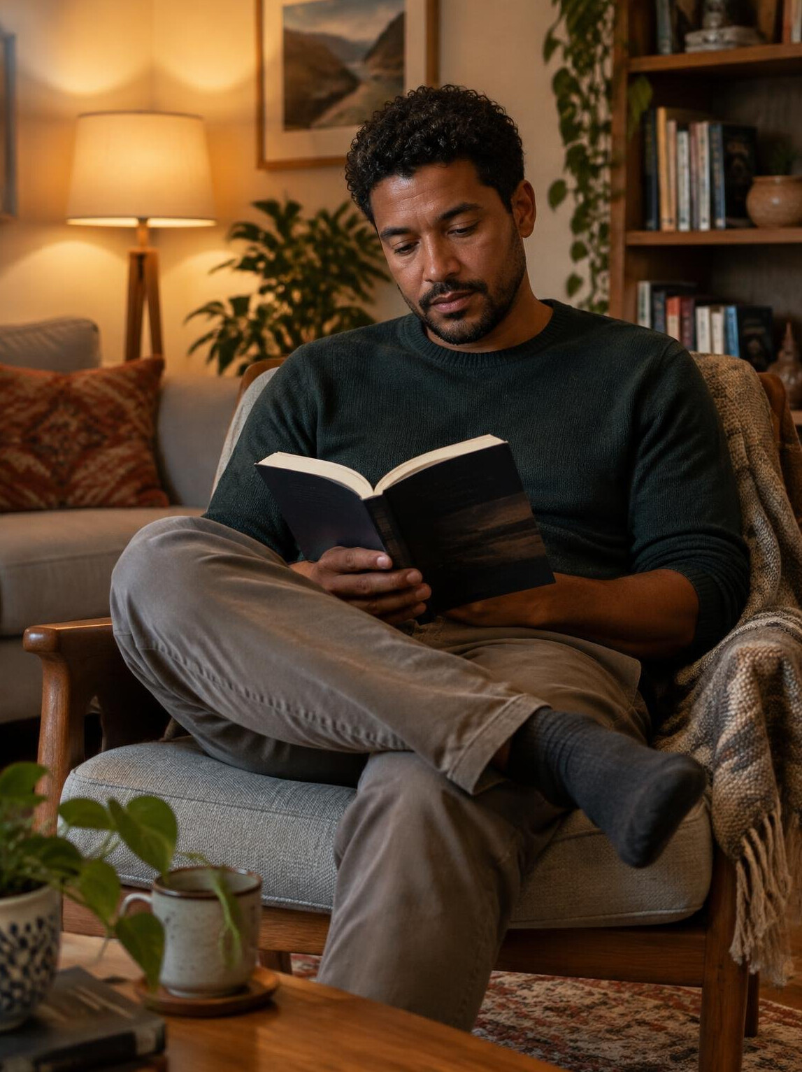Brazilian man reading quietly in a cozy room