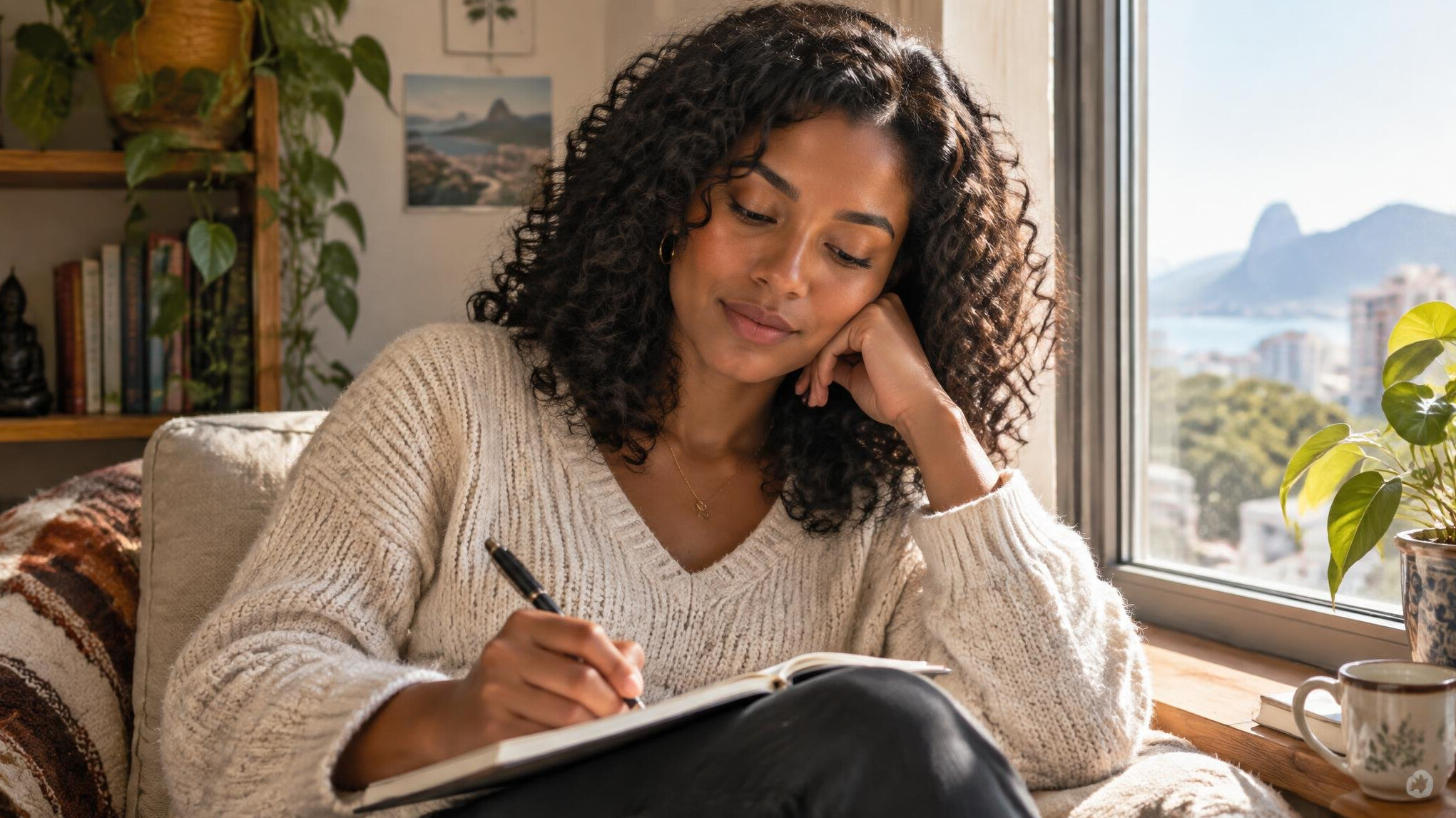 Brazilian woman writing thoughtfully in a notebook by a window