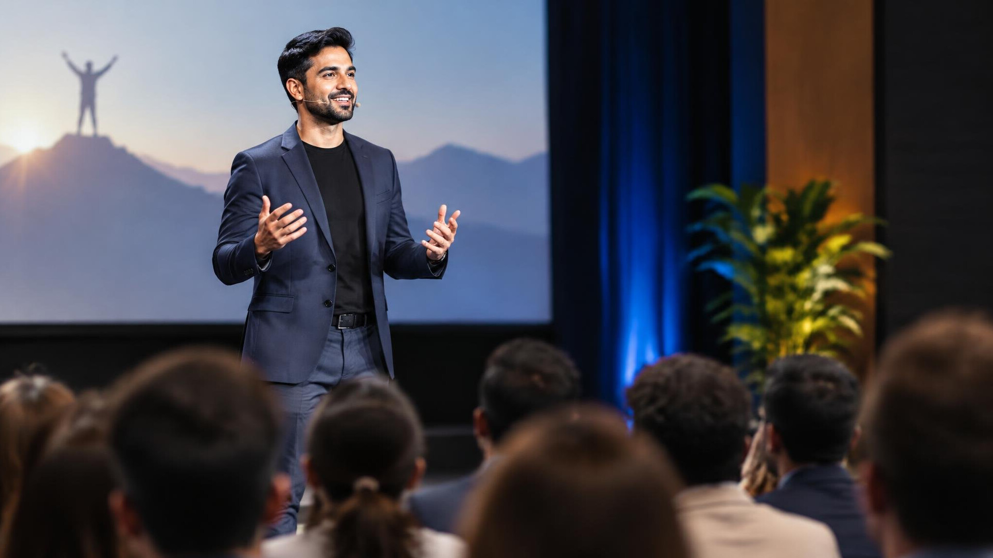 confident speaker on stage
